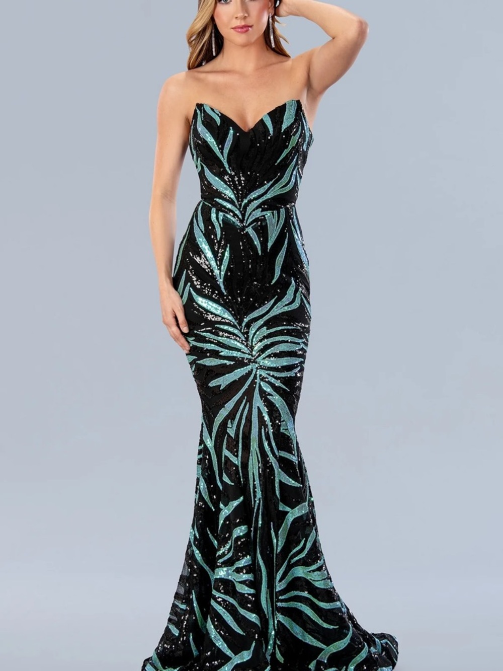 Strapless Black Evening Gown with Teal Sequin Pattern